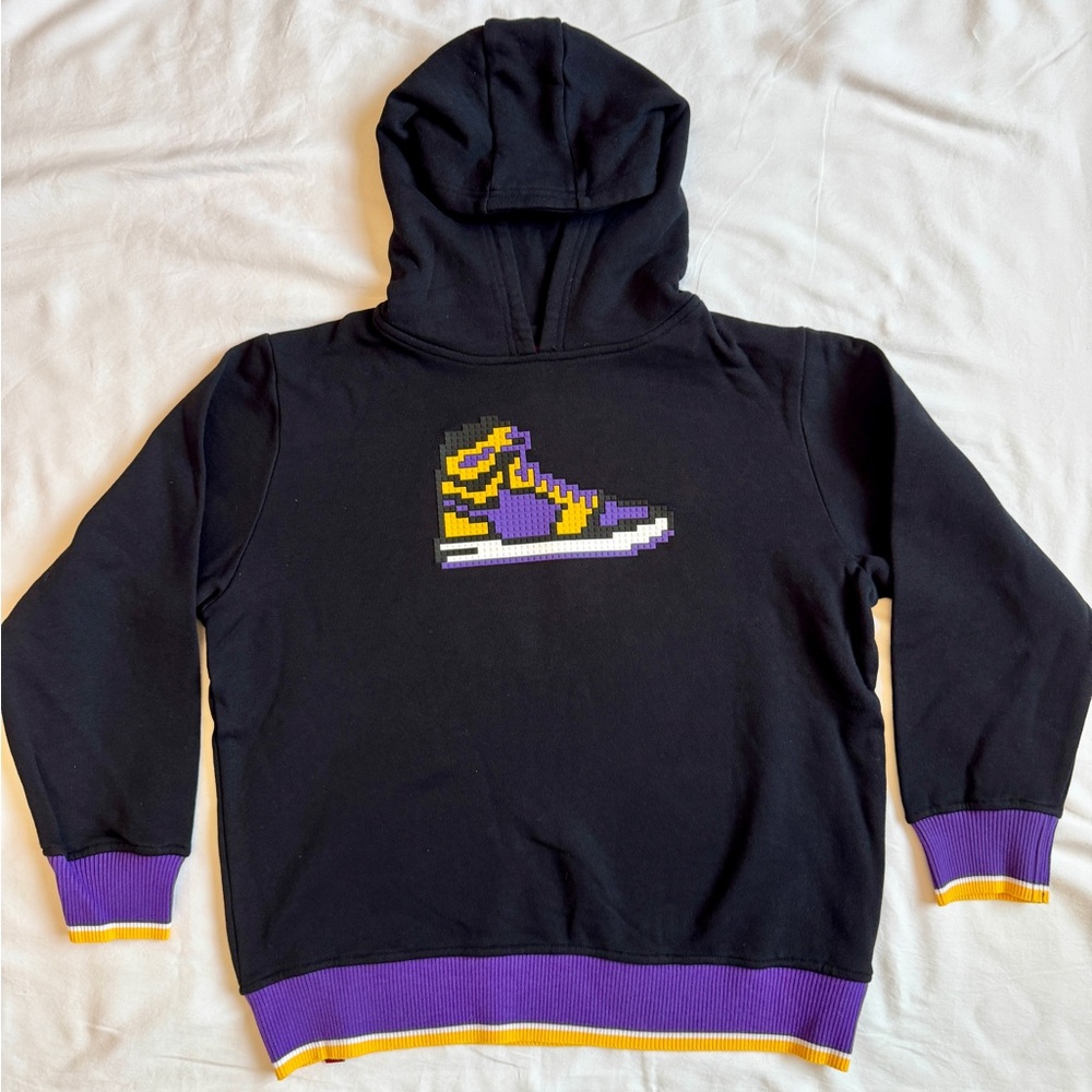 Black Kids Hoodie with Purple & Yellow Pixel Sneaker Graphic - Streetwear.